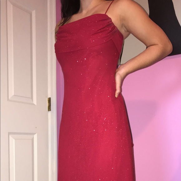 red cowl neck prom dress